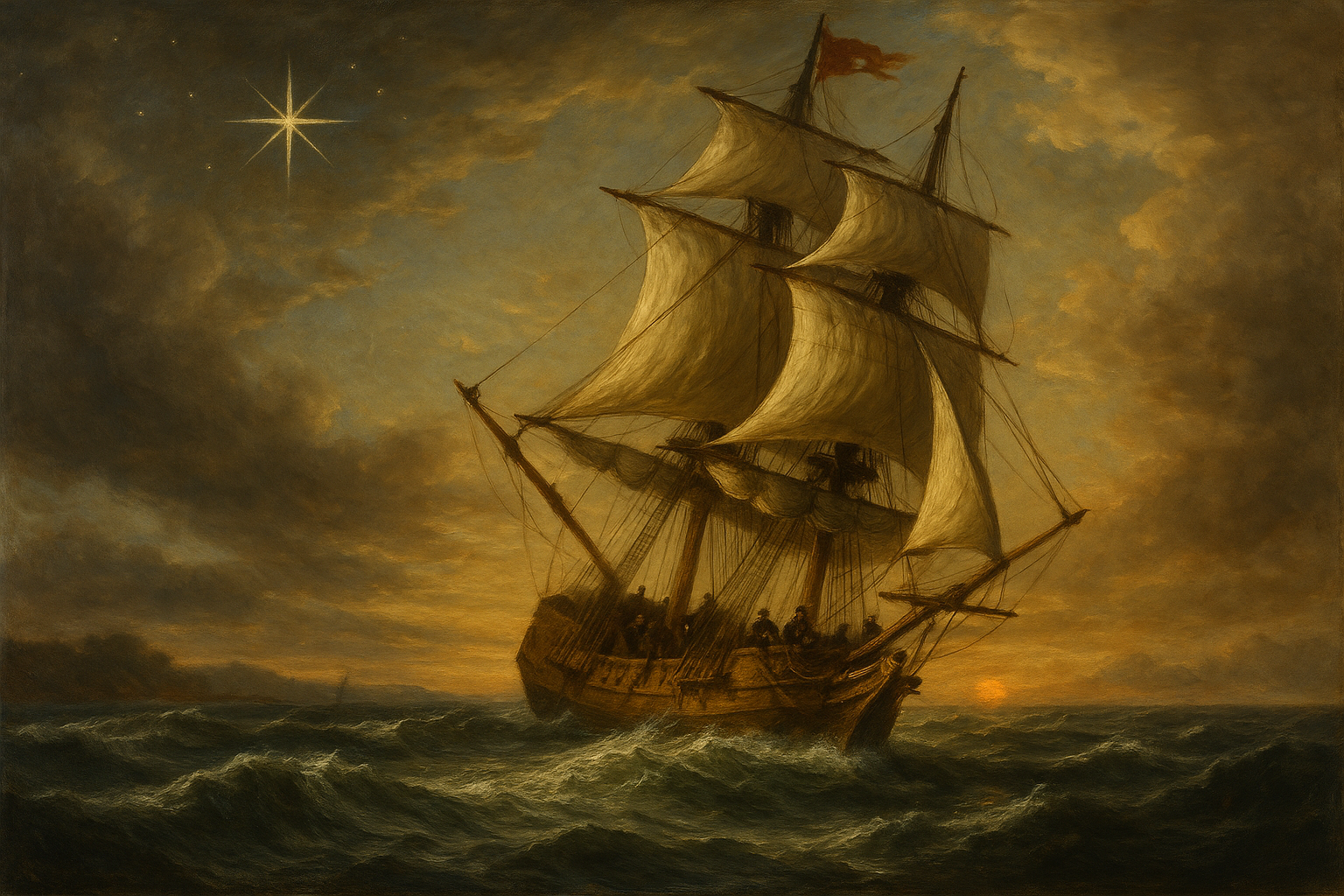Renaissance style painting of a sailing ship navigating by the stars